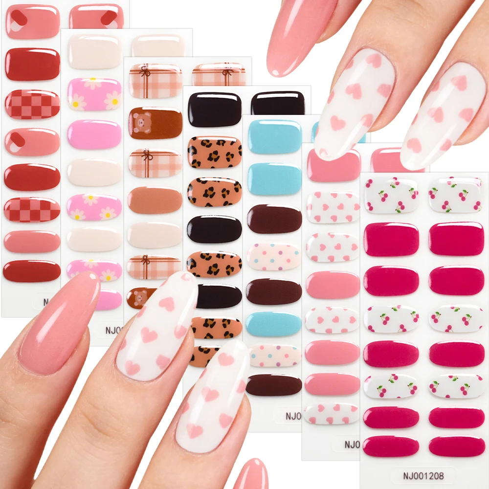 16Tips 3D Cherry Heart Design Semi Cured Gel Nail Sticker Daisy/Dot/Leopard print Full Wrap Nail Decals Gel Nail Polish Strips
