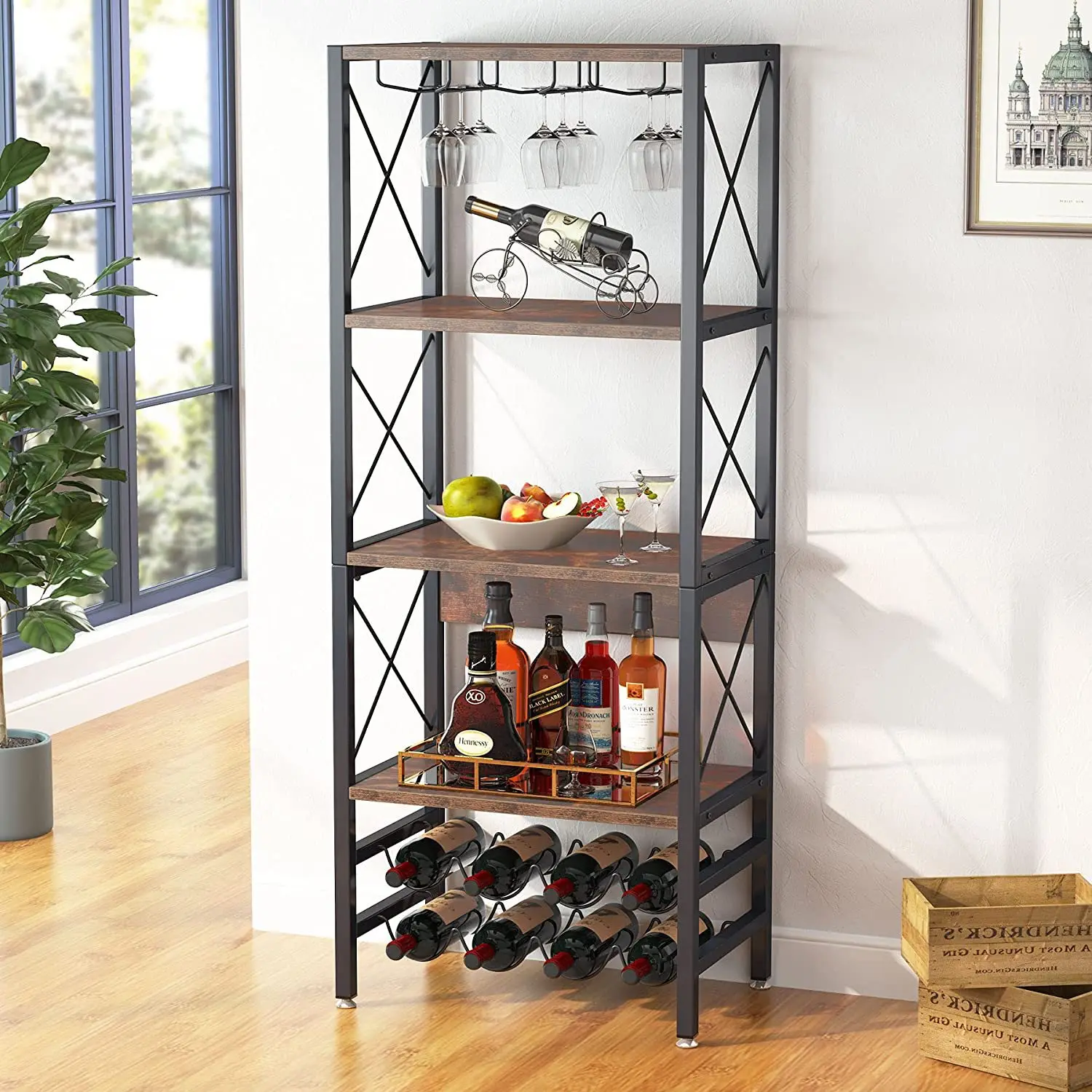Four-tier wine baking rack with hanging goblets and storage wine cabinet