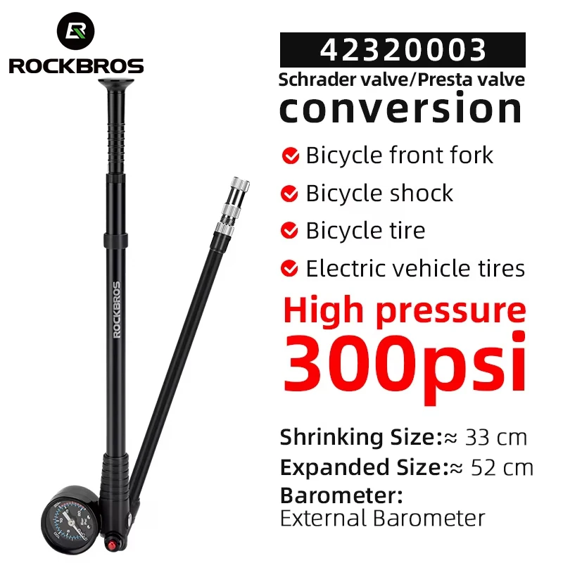 ROCKBROS Bike Air Pump 300PSI High-pressure Barometer Fork Pump Suspension MTB Portable Bicycle Inflator Cycling Accessories