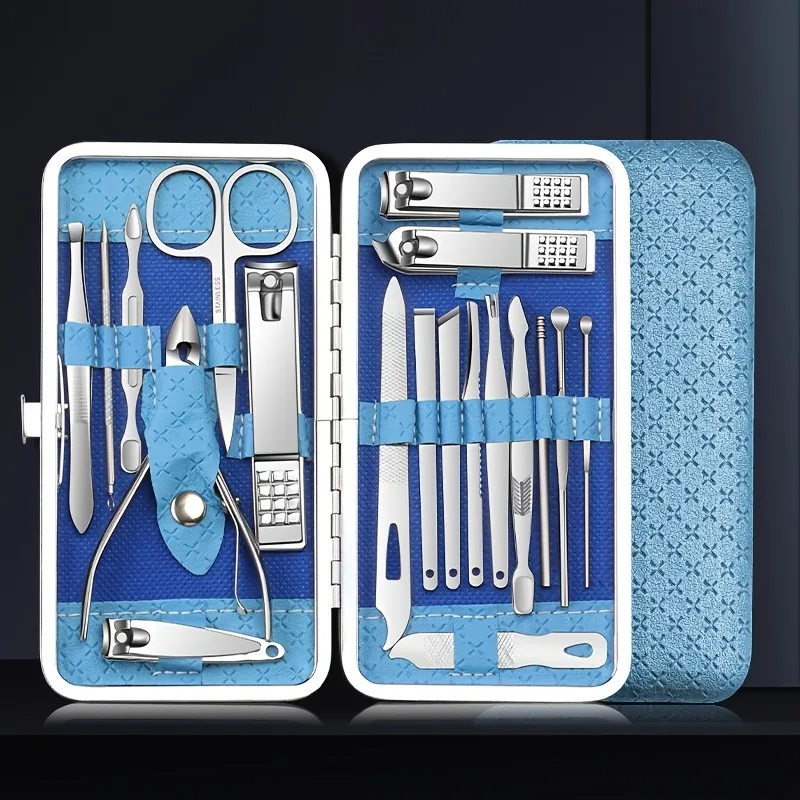 Blue 19pcs Classic Nail and Pedicure Tool Set with Storage Box, Portable Foot Care Kit for Men & Women
