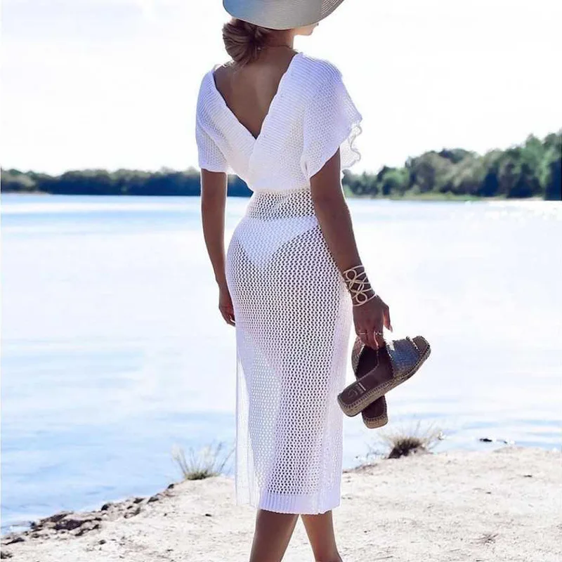 Vestido maxi de manga comprida feminino, Crochet branco, divisão alta, decote em v, tecido, cintura, moda praia, malha, férias de verão, cobertura de biquíni, 2021