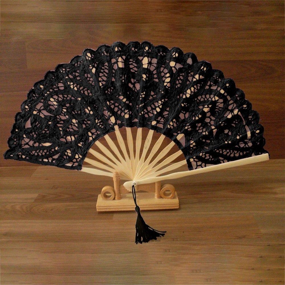 Chinese Silk Folding Fan Bamboo Shank Lace Fabric Hand Held Dance Fans Flower Party Wedding Prom Home Decoration