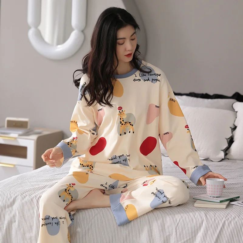 Women\'s 2 Piece Pajamas Set Shredded Milk Pyjama Female Pijama Women Homewear Soft Sleepwear Long Sleeve O-Neck Shirt Pants Suit