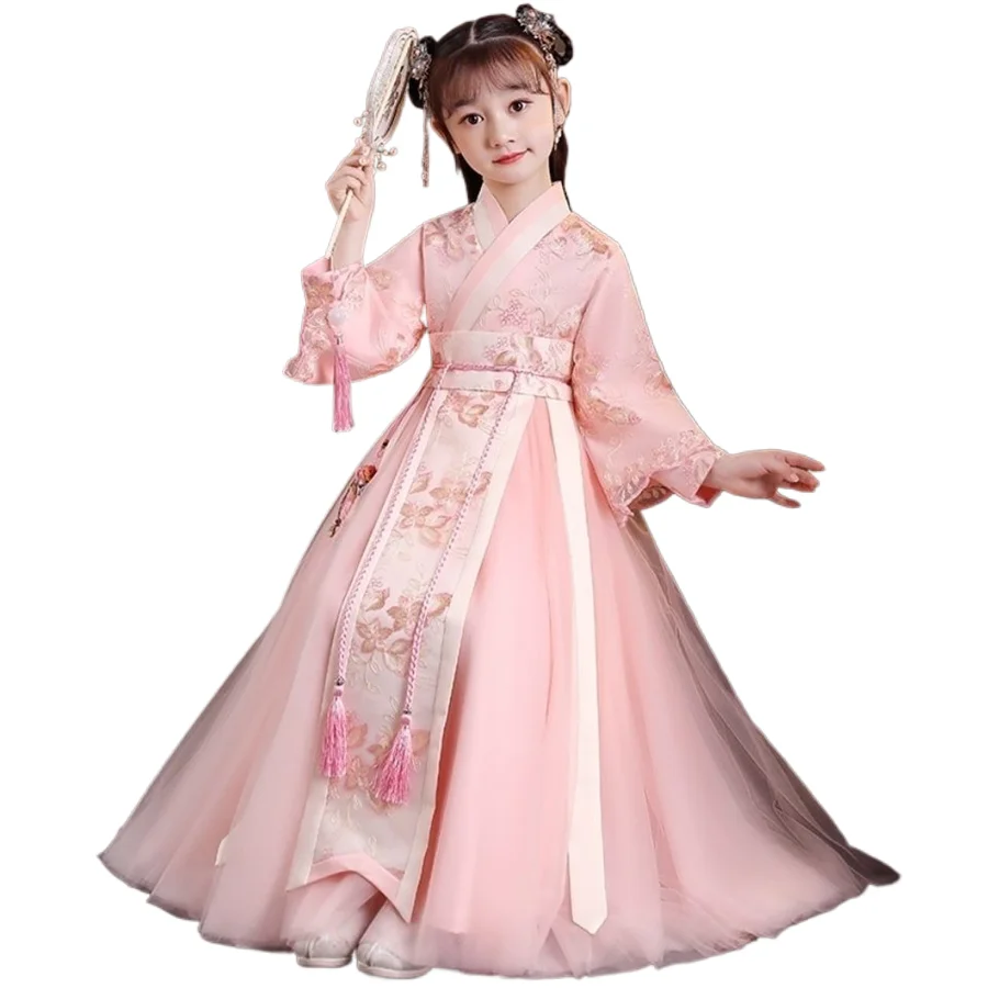 

Children's Girl Chinese Style Hanfu Floral Dress Tang Suit Spring And Autumn Long-sleeved Hanfu Stage Dance Performance Costume