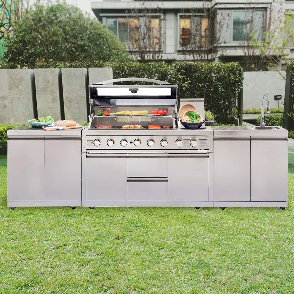 Customized Portable Waterproof BBQ Grill Kitchen Stainless Steel Modular Outdoor Kitchen Island with Sink Cabinet