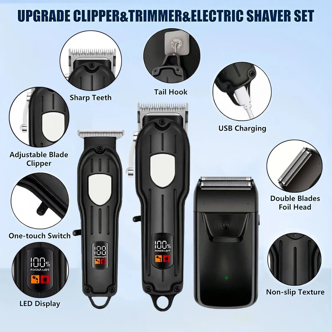 Professional Rechargeable Hair Clipper Hair Trimmer with 8 Limit Combs, LCD Display, Adjustable Blade for Men, Barbers, Home Use