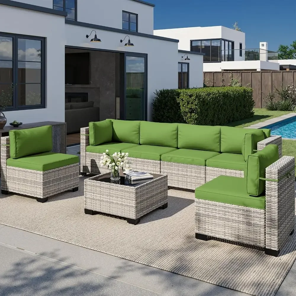 

7-Piece Outdoor Patio urniture Set, PE Wicker Rattan Sectional Soa Contion Set with Tempered Glass Table & Thick Cushions - All-