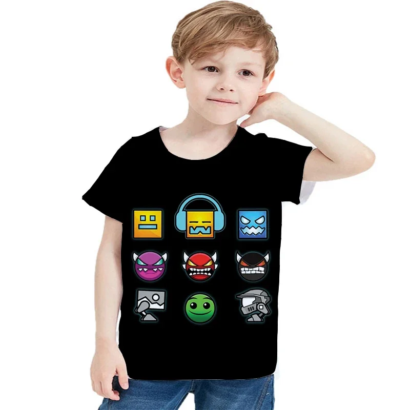 Game Angry Geometry Dash T Shirt Kids Casual Tshirt Summer Short Sleeve Girls O-neck Tops Geometry Dash T-shirt Boys Anime Tees
