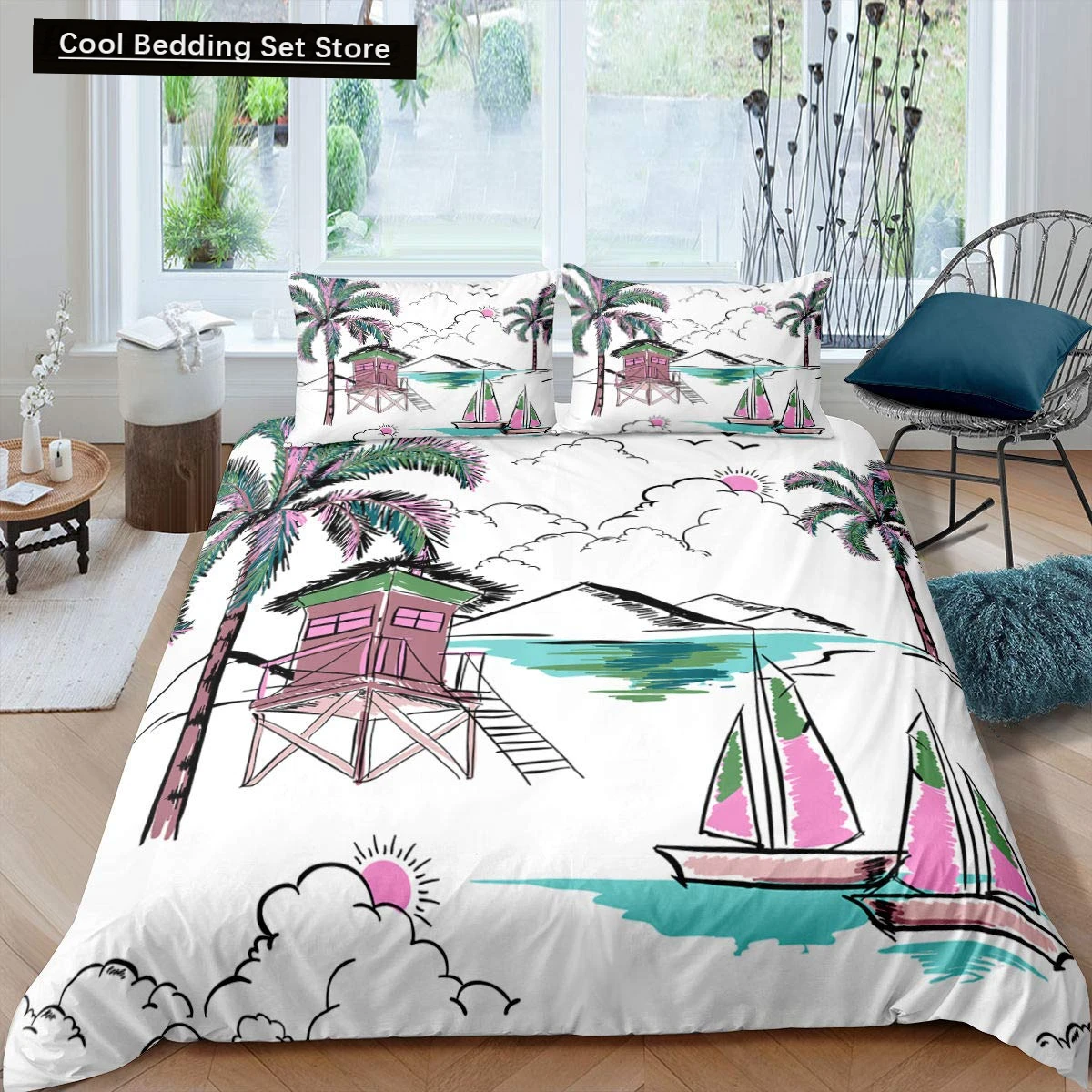 Coconut Palm Tree King Queen Duvet Cover Nautical Bedding Set Watercolor Sailboat Hawaii Quilt Cover Polyester Comforter Cover