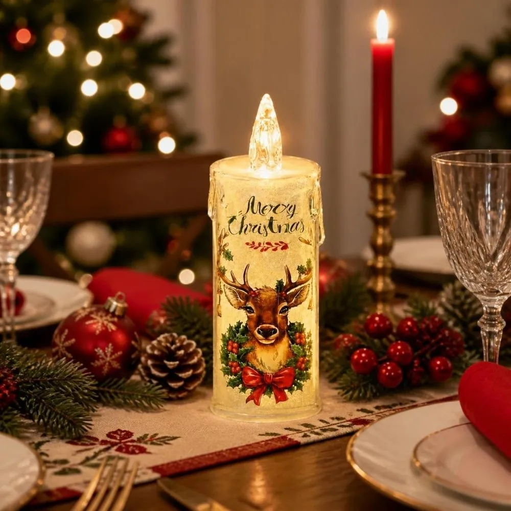 4PCS Flickering Christmas Flameless Candles Electric Cartoon Printed LED Pillar Candles Convenient Cute Lights Fake Candles