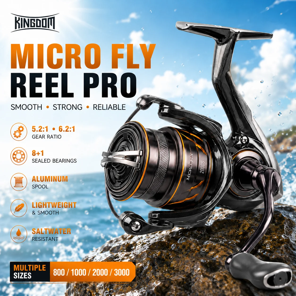 Carrete de Pesca KINGDOM Micro Fly Reel Pro 800 1000 2000 2500 3000, Carrete de Spinning con 8+1 Rodamientos, Relación de Engranajes 5.2:1 6.2:1, Ultraligero