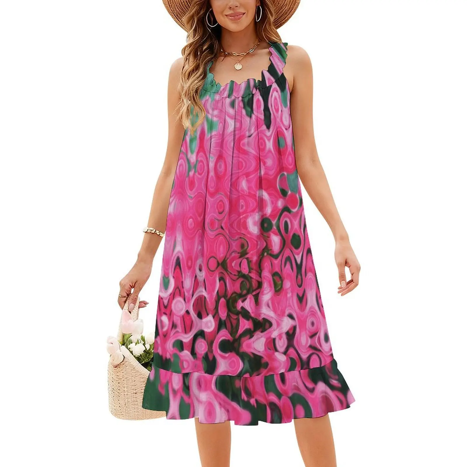 الوردي تموجات بوهو شيك فستان أنيق موضة شاطئ حفل زفاف ثوب مجردة الوردي الأخضر زهرة تموجات الملابس النسائية #4