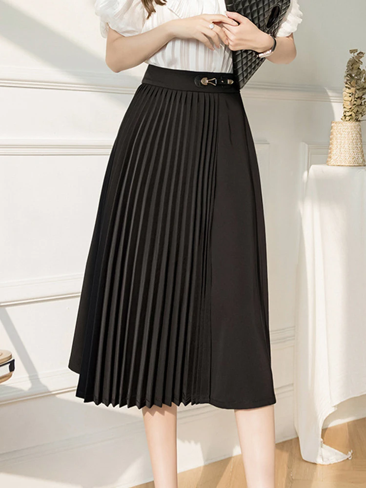 

Black Long Skirt Women Elegant Pleated Skirt Female Summer High Waist Skirt Office Ladies Korean Fashion Faldas Para Mujeres