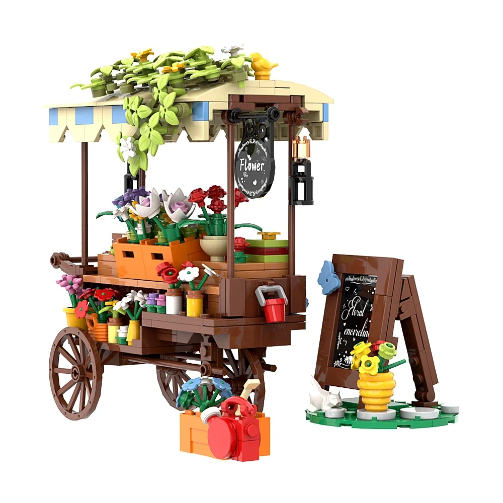 Bloques de construcción de carro de flores para niños y niñas, juguete de ladrillos para armar puesto de mercado, floristería, vista a la calle, ideal para regalo, 458 piezas