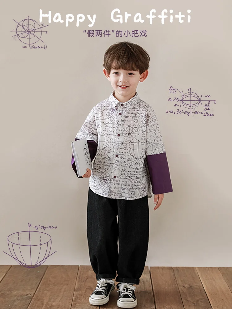 

Boys Loose Fashionable Shirts Spring Long Sleeved Printed Top Trend