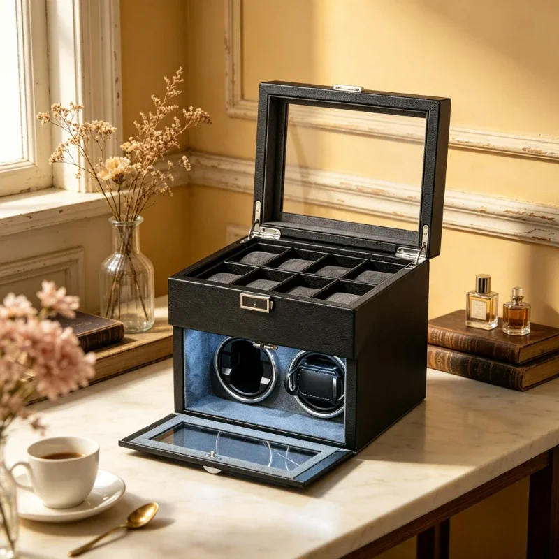 Automatic Watch Winder Leather Display Case Anti Magnetic Self Stop Motor Metal Lock Storage Box for Men 시계 와인더
