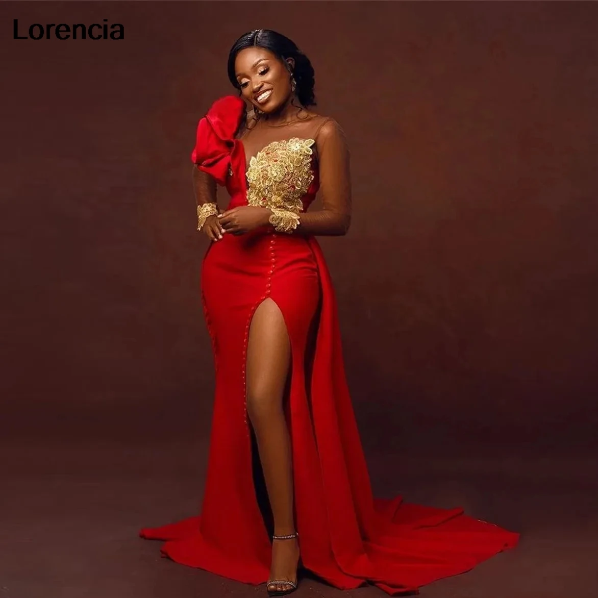 Lorencia-vestido de noche estilo africano Aso Ebi personalizado, vestido de fiesta Formal con abertura larga de talla grande, vestido con apliques de manga larga YPD214