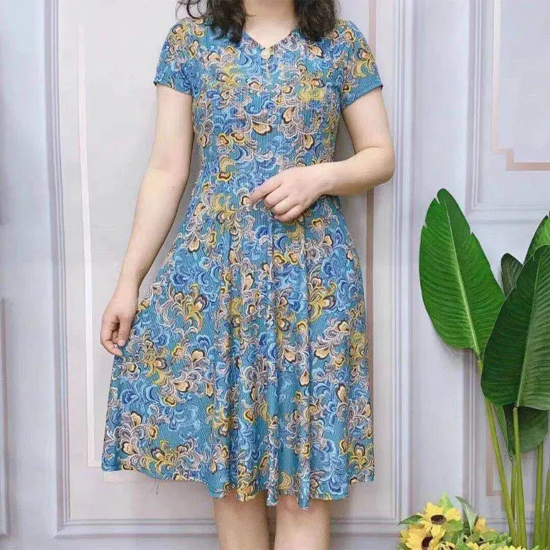 Summer Short Sleeve Waist A-Line Dresses Stylish Three-dimensional Decoration Female Vintage Printed Casual V-Neck Midi Dress