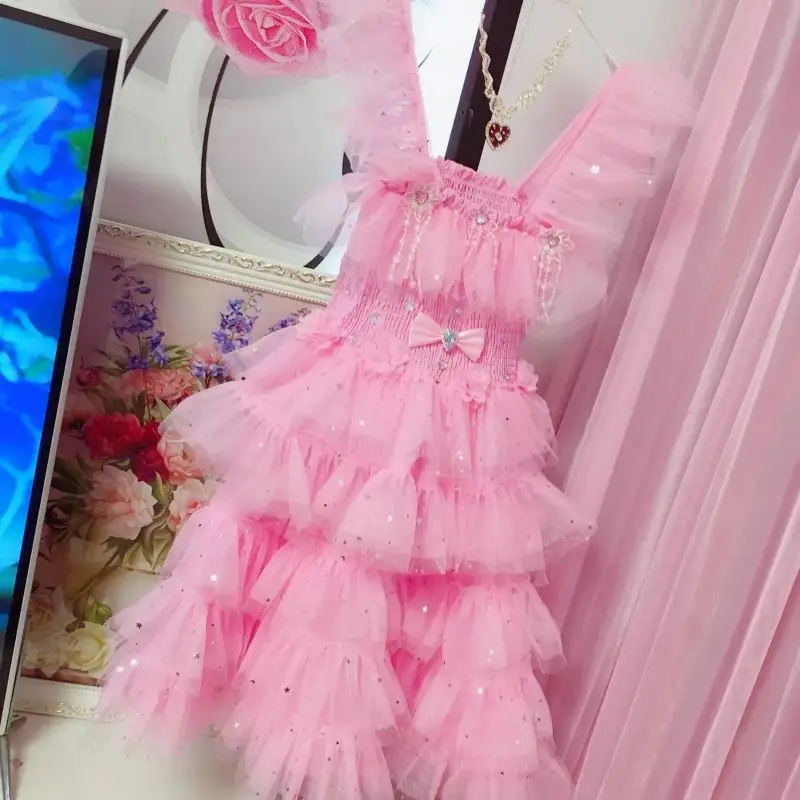

Pink Girl Crop Tops Sweet Layer Ruffles Skirt 2-piece set Princess Dress Bow Lace Tutu Net Yarn Girl Birthday Party Dress Set