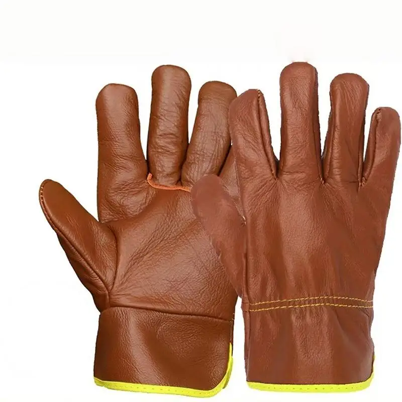 1 Pair Short Leather Cowhide Workers Work Gloves Welding Safety Protection Garden Sports Motorcycle Driver Wear-resistant Gloves