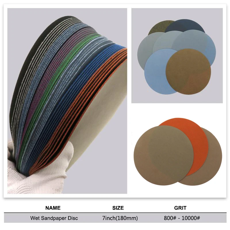 1-50 pz 7 "180mm dischi abrasivi a umido grana 800-10000 # disco di carta vetrata floccato Hook & Loop Pad per strumento di lucidatura abrasivo abrasivo