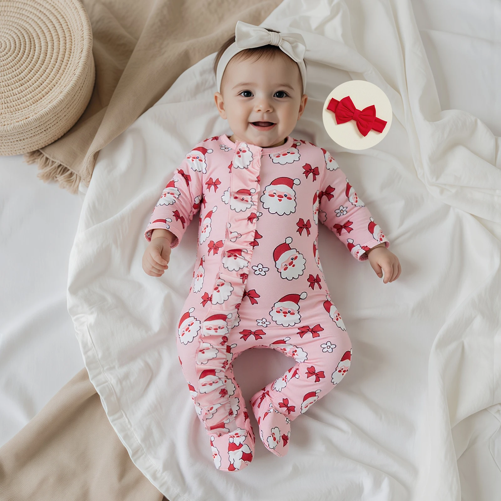 Newborn Baby Girl Christmas Romper Santa Print Long Sleeve Zip Up Footed Jumpsuit with Bow Headband