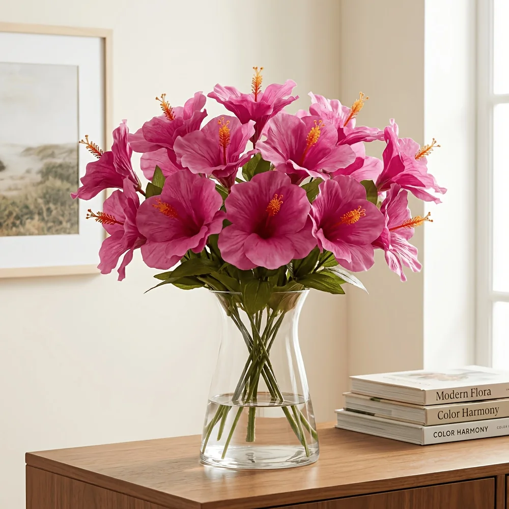 2 Pieces = 10 Flowers Hibiscus Spring/Summer Artificial Flowers, Suitable for Weddings, Indoor and Outdoor Decoration, Spring/Summer/Mother's Day/Graduation Season, DIY Flower Arrangements, Artificial Flower Decoration for Cemeteries, Vase Not Included