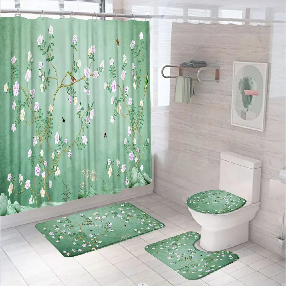 Floral Shower Curtain Set Flower Bird Tree Branch Spring Garden Bathroom Bathtub Decor With Bath Mat Rug Carpet Toilet Lid Cover