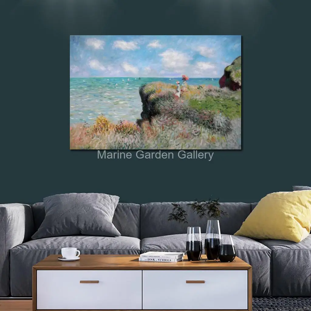Hand Painted Claude Monet Landscape Oil Painting on Canvas Cliff Walk at Pourville Large Impressionsit Wall Art for Living Room