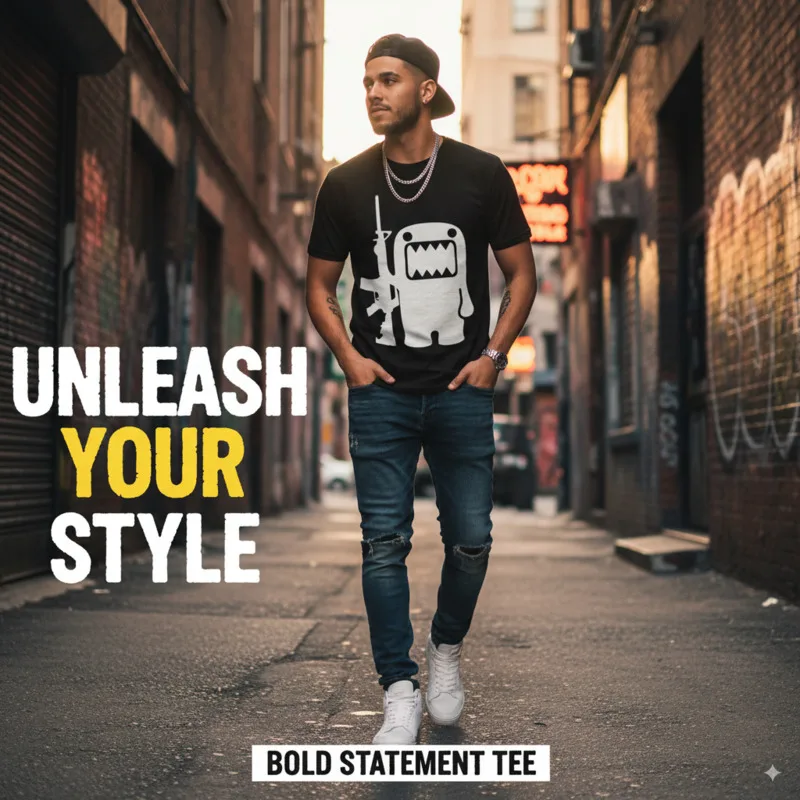 

Oversized Short Sleeve Tee With Fierce Monster And Gun Design Casual Cotton T-Shirt For Men Or Women Summer Street Style Outfit