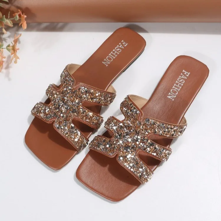 36-43 Shoes for Women Summer Fashion Sexy Casual Comfortable Solid Color Crystal Sandals Square Toe Flat Slippers Zapatos Mujer