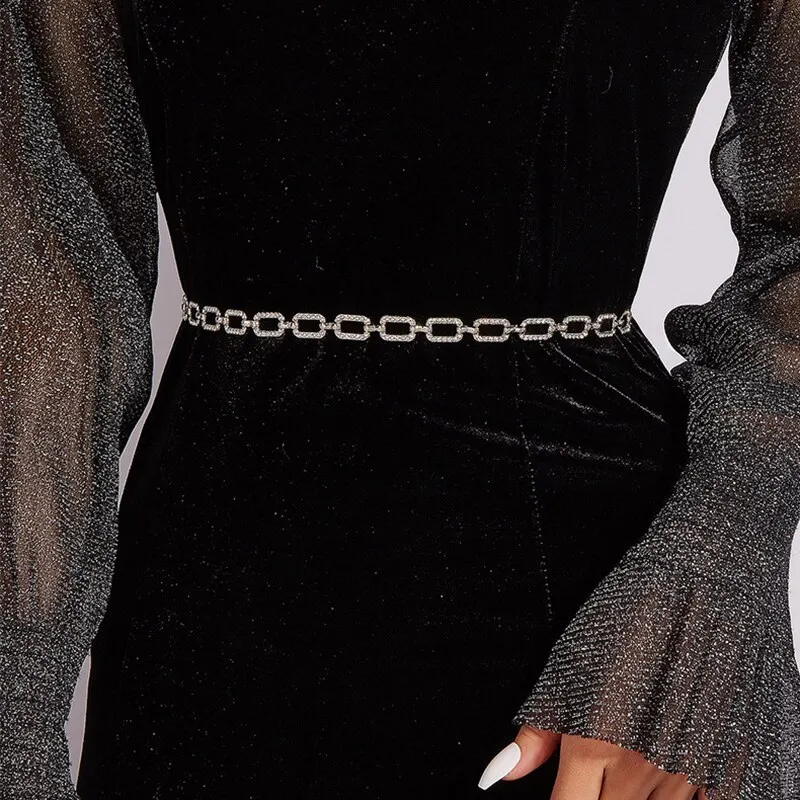 

New Fashion Women's Rhinestone Belt Metal Slim Waist Chain Versatile Dress Accessories Trendy Belt Bright Bride Bling Waist Belt
