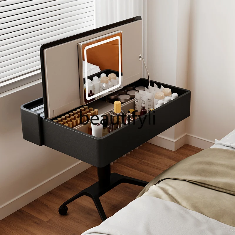 

Solid wood bed side table with wheels mobile lift bedroom writing table work bedside small table