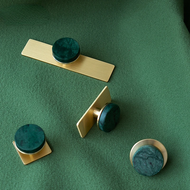 Natural Green Marble/ Solid Brass Furniture Knob with Plate Cupboard Wardrobe Dresser Shoe Box Drawer Cabinet Gold Handles