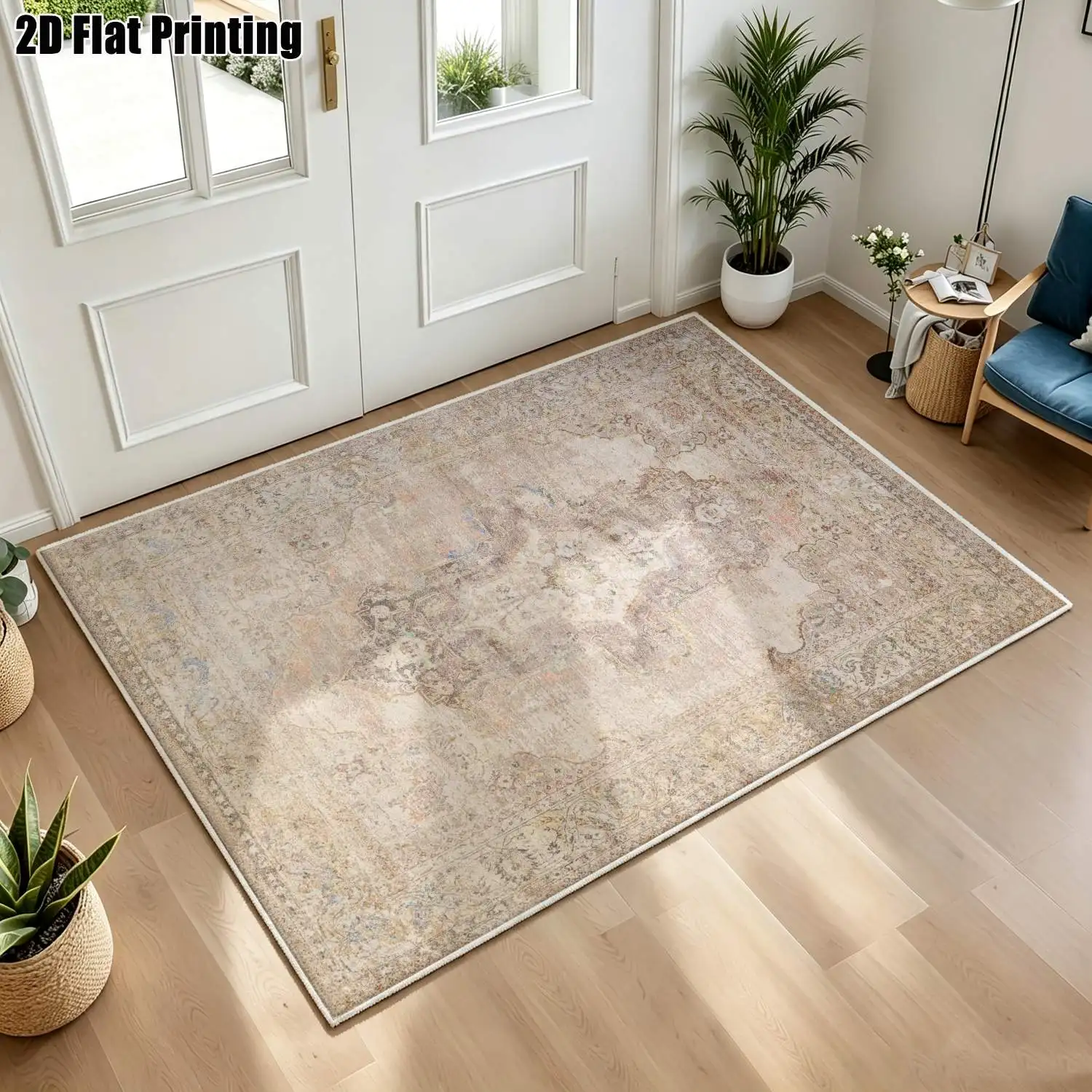 1Pc 2D Printed Velvet Carpet, Beige Retro Floral, European/Bohemian Geometric Style, Machine Washable, Multi-Size for Living Room, Bedroom, Dining Room, Entrance, Study, Home Decor