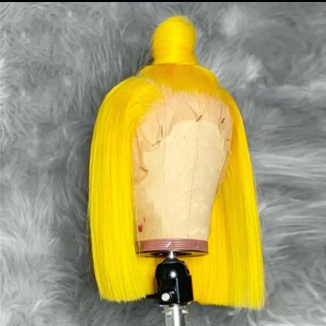 Peruca de renda frontal sintética, Peruca curta Bob amarelo, Fibra resistente ao calor, Parte média, Linha fina natural, Diário