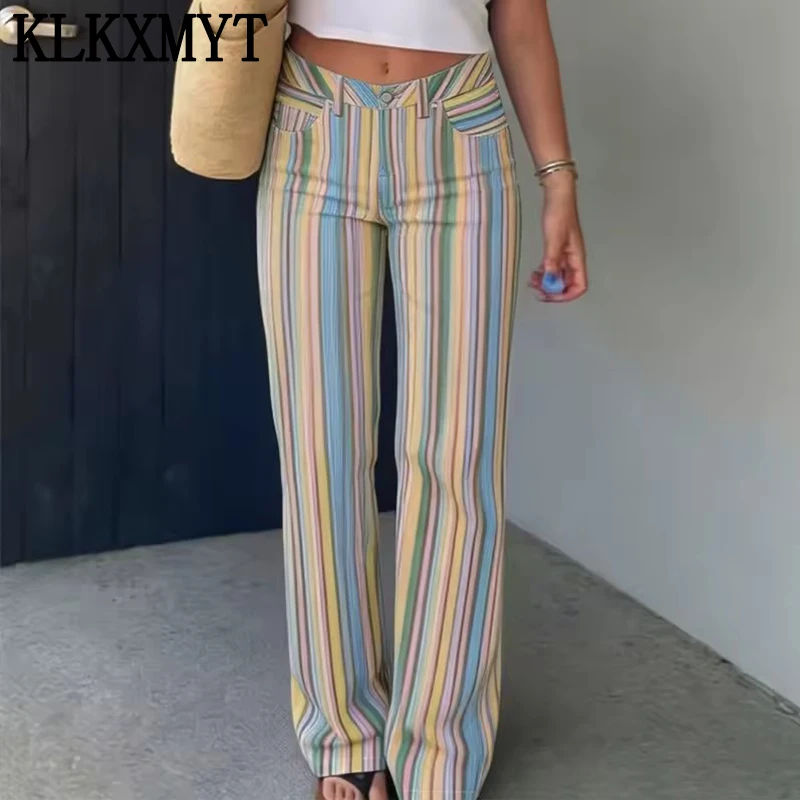 

KLKXMYT New Rainbow Striped Pants Woman Mid Waist Side Pockets Wide Leg Denim Pants For Women 2026 Fashion Casual Trousers Mujer