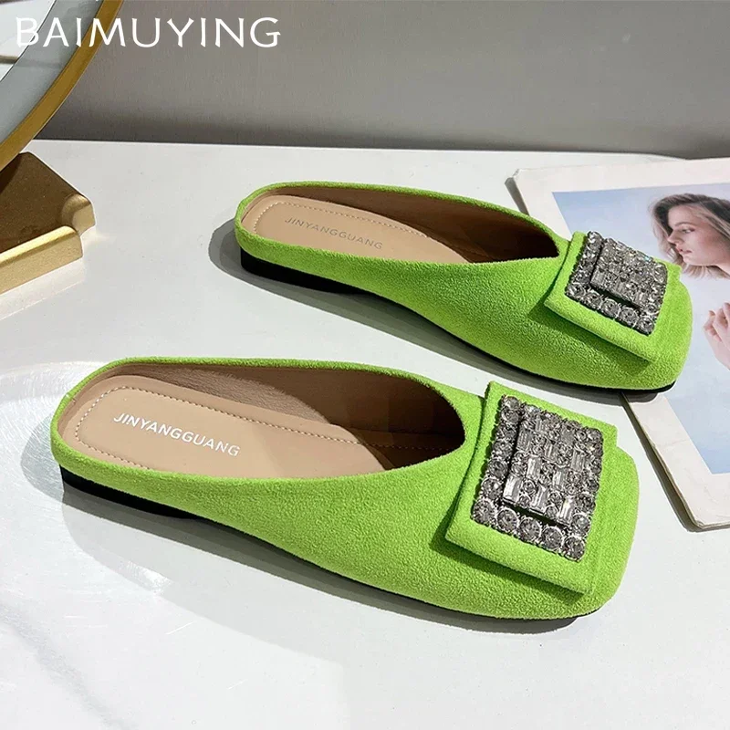 

Crystal Women Slippers Flats Square Toe Mules Shoes Woman Sandals Fashion Slides Summer 2025 Flip Flops Slingback Zapatos Mujer