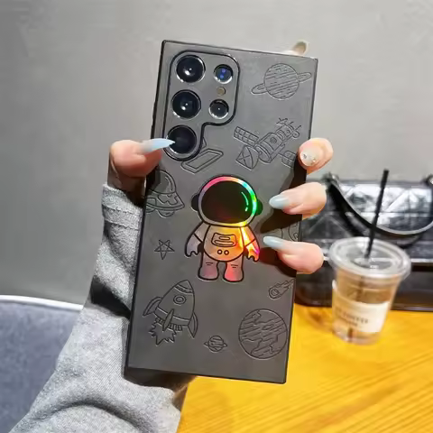 Cartoon Astronaut Leather Phone Case for Samsung Galaxy S25 S24 S23 Ultra S22 S21 Plus Silicone Hard Shell Fall Prevention Cover