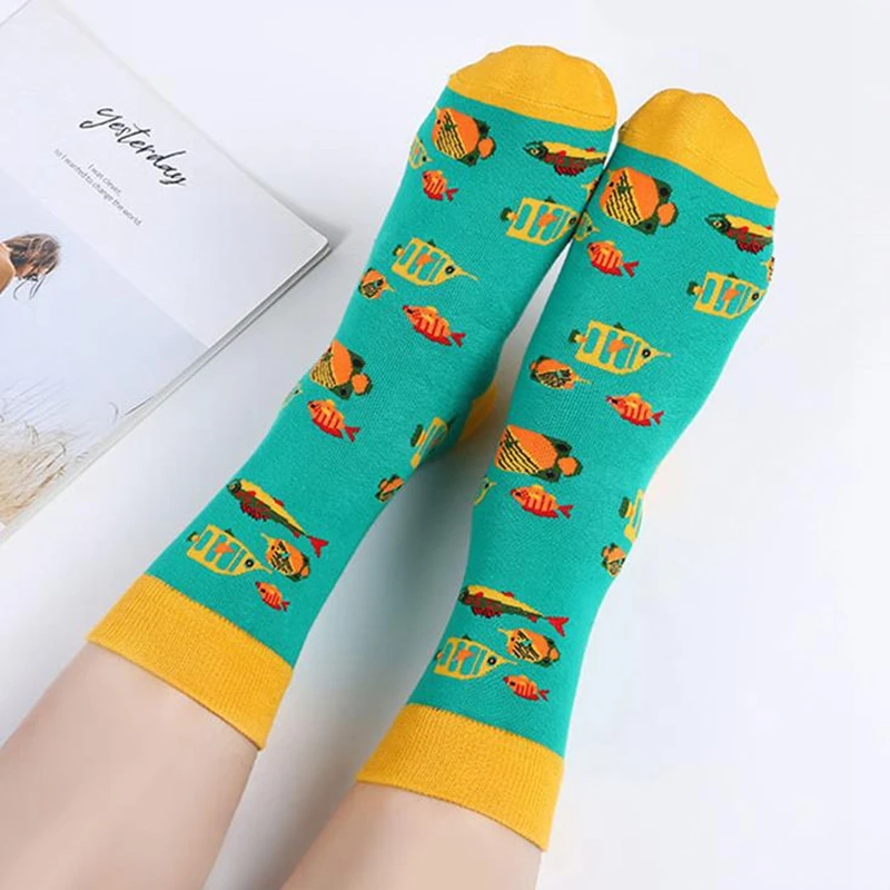 Calcetines divertidos y acogedores de algodón para mujer, medias de estilo Harajuku japonés, con dibujos de mariscos, animales, medusas, Grouper, originales