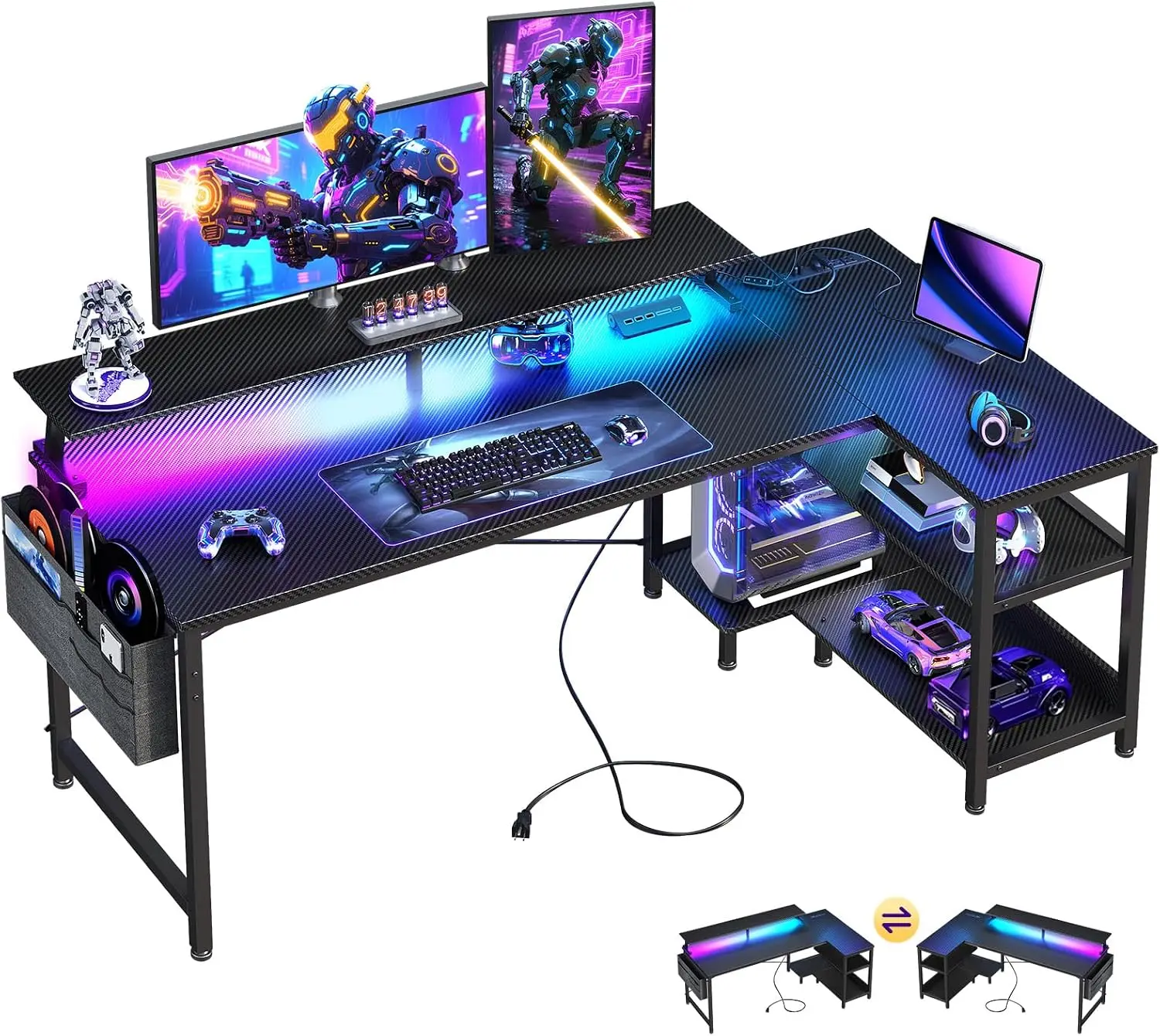 58 Inch L Shaped Gaming Desk with LED Lights, Power Outlets, Black | Adjustable Monitor Stand, Open Storage Shelves, Hanging Sid