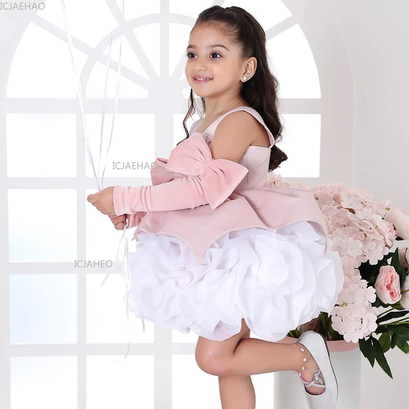 

Children Girls Short Spring Party Dress Bow Birthday Princess Gown for Host Performance Pageant Formal Dresses Kids Vestido