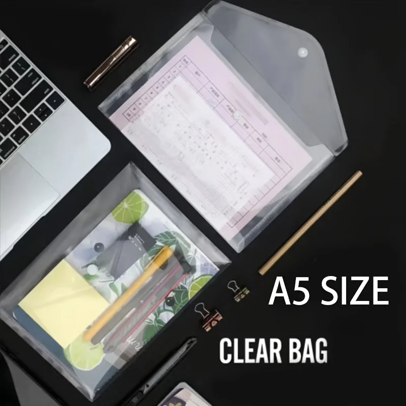 12 unids/pack, bolsa de archivo transparente tamaño A5 botón a presión bolsa de almacenamiento A5 bolsa de archivo de plástico PP suministros escolares de oficina