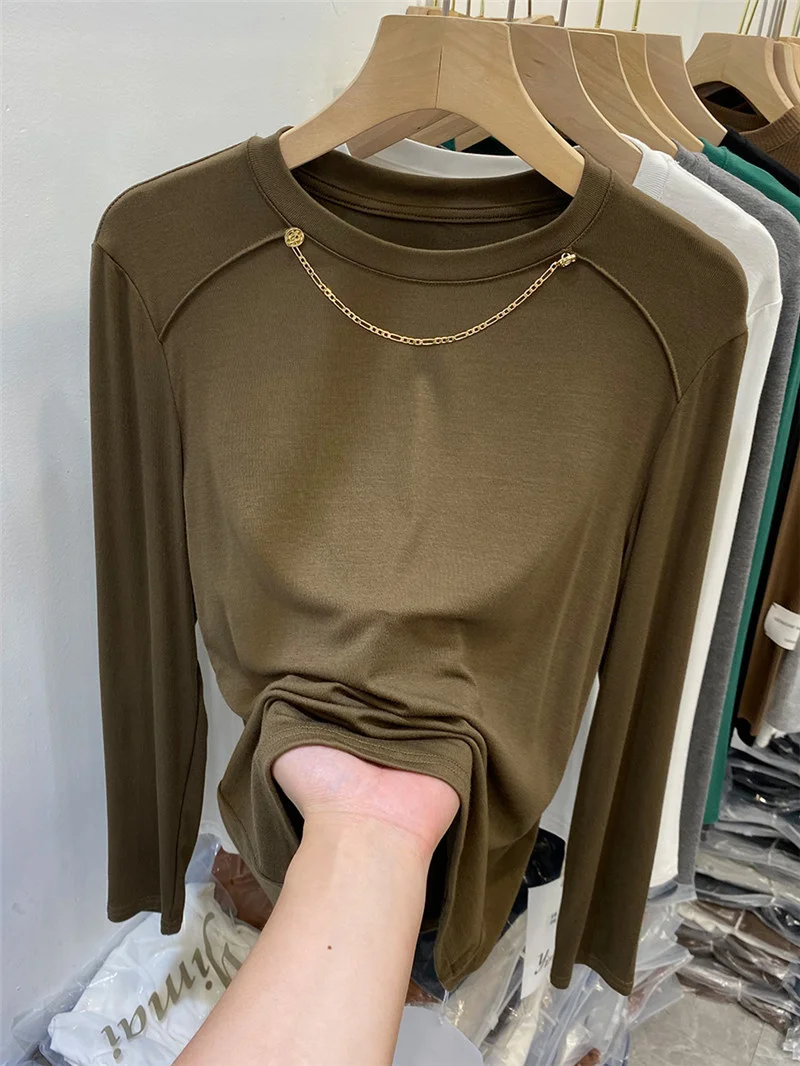 

Brand Women's Long Sleeve T-Shirt round Neck Cut Label Inner Wear Base Shirt Korean Style Commute Pure Color Loose Fit Top