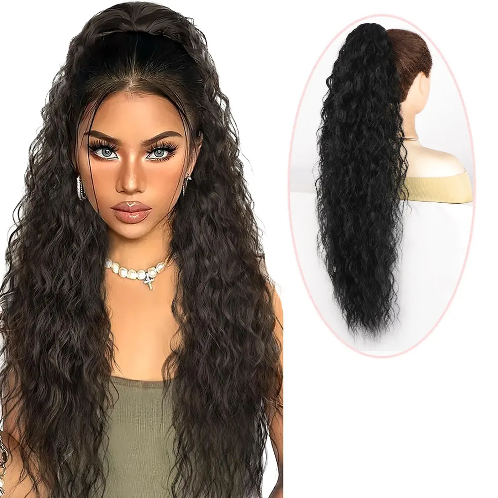30 Inch Long Ponytail Synthetic Curly Wavy Claw Clip on Fake Pony Tail Hair Piece Natural Fluffy  Horse Tail for Women Daily Use