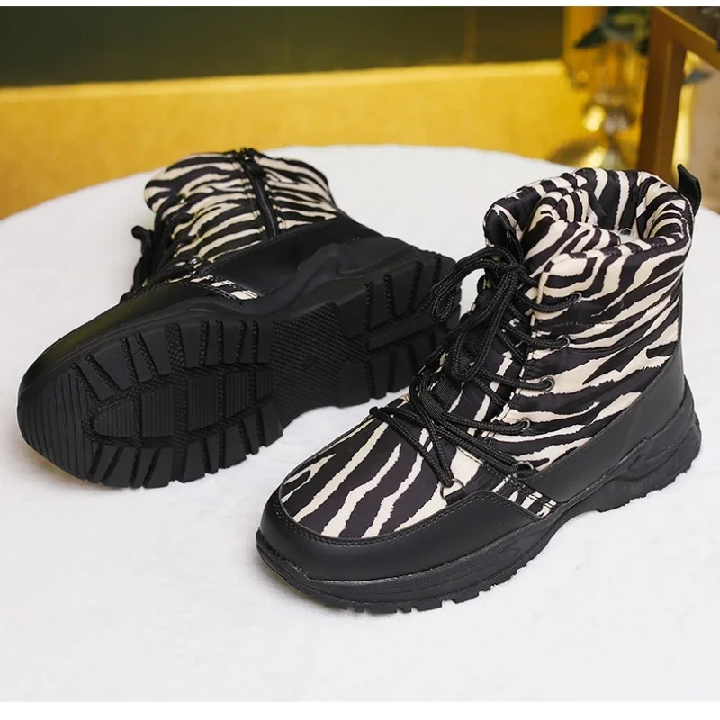 

Зимние утолщенные теплые зимние сапоги из овечьей шерсти для больших детей, модные нескользящие и водонепроницаемые детские ботильоны с рисунком зебры