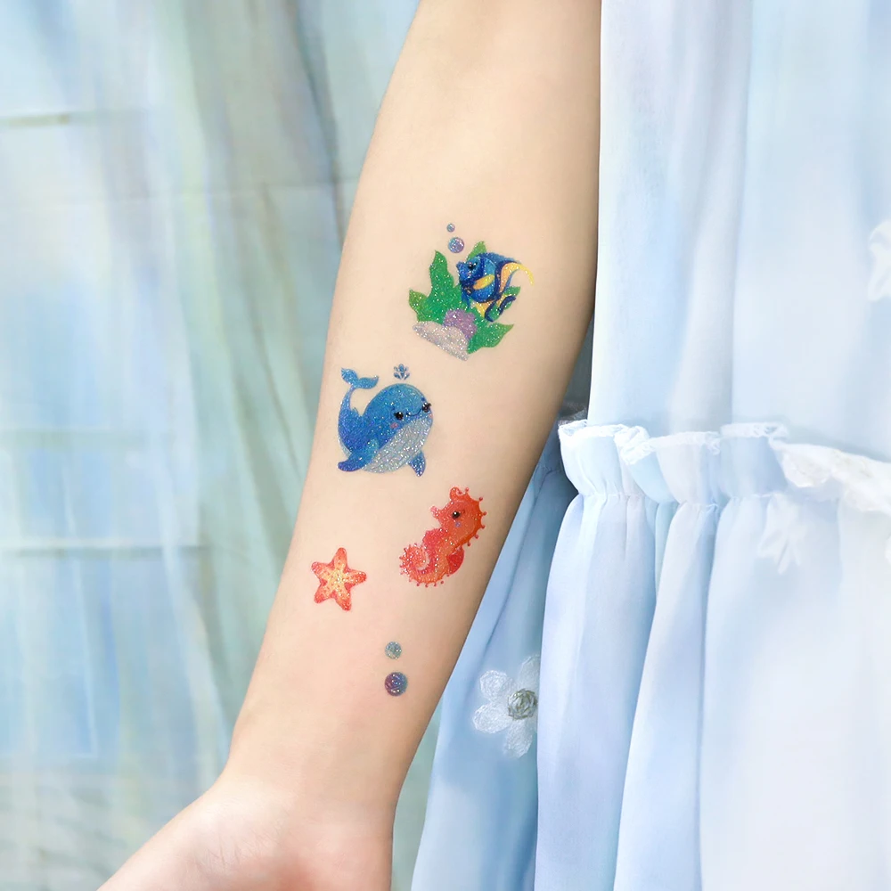 12 Sheets Glitter Mermaid Ocean Creature Temporary Tattoo Stickers, Shiny Dolphin Jellyfish Octopus Seahorse Design Waterproof F