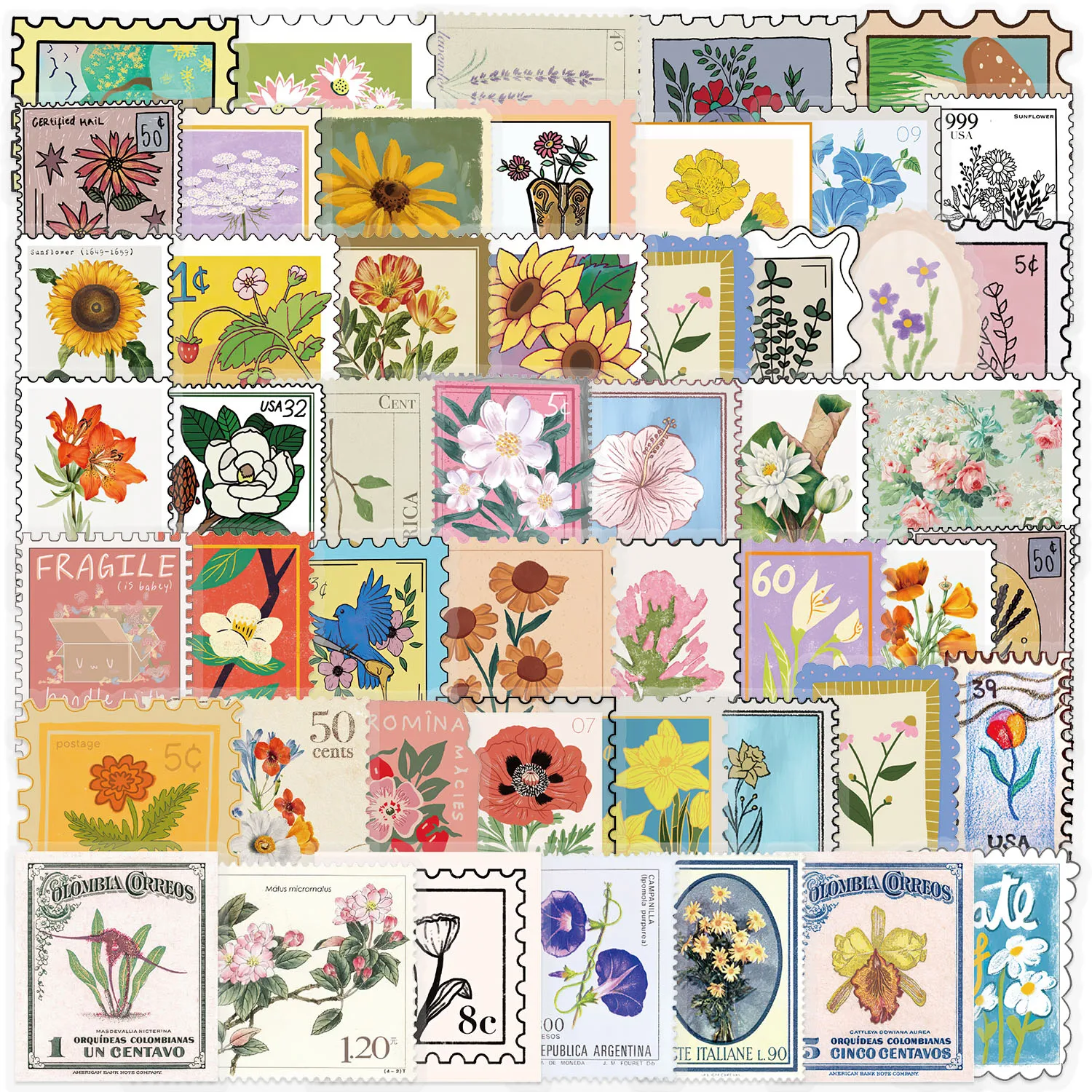 50pcs Flower Stamp Stickers suitablefor Notebook computer Luggage  Refrigerator skate boards phone cases sticker