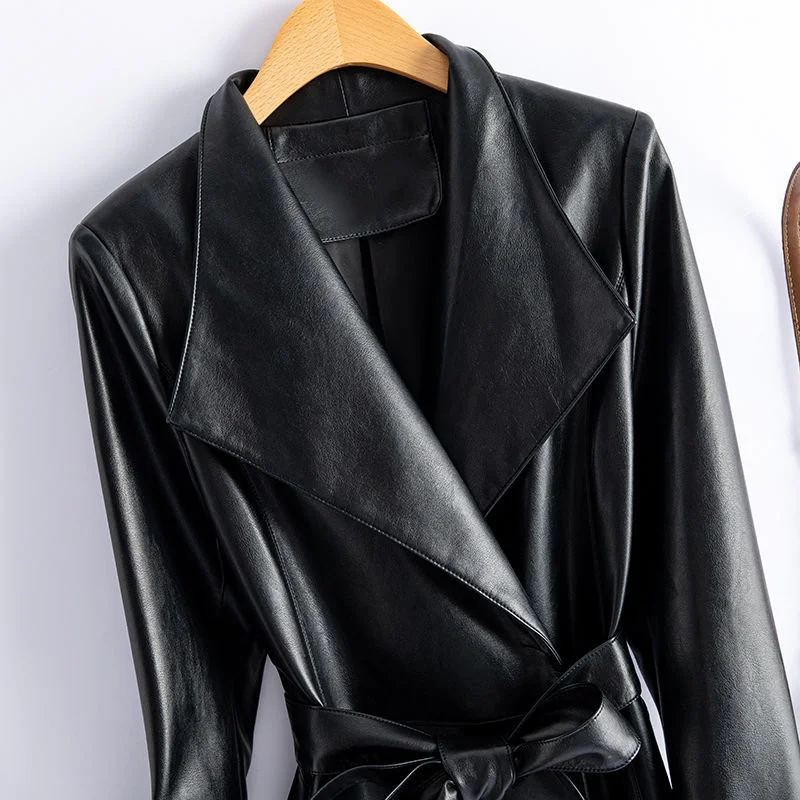 2025 Leather Coat Women's X-long Windbreaker Turndown Collar Sashes Slim Leather Jackets Lady Streetwear Outerwear Autumn M-5XL