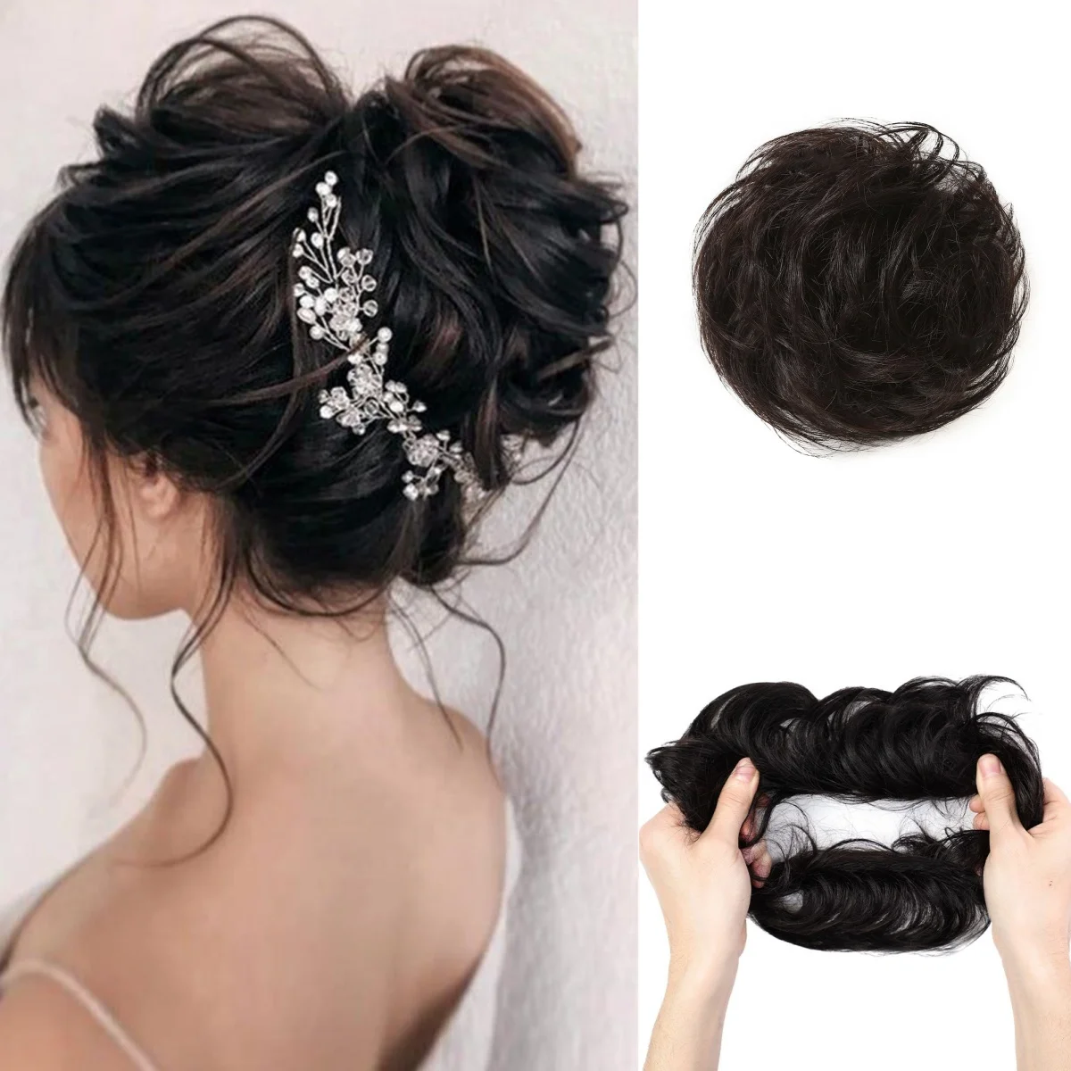 Dark Brown 100% Human Hair Messy Bun Chignon with Elastic Rubber Band Stretchy Scrunchies Donut Elegant Ponytail Piece